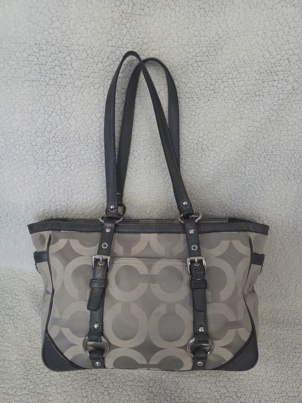 Coach #19404M Gallery Op Art Signature Sateen Tote Gray Purple Shoulder Bag Tote